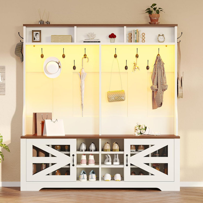 Hall Tree With Bench And Shoe Storage, 5-In-1 Entryway Bench With Coat Rack, White/Brown
