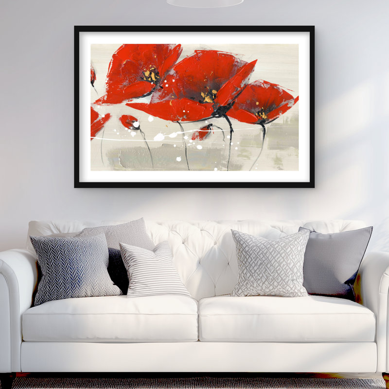 Fleurs rouges imprimées à la main | Décoration de bureau encadrée, H 24 po x l 36 po, Noir