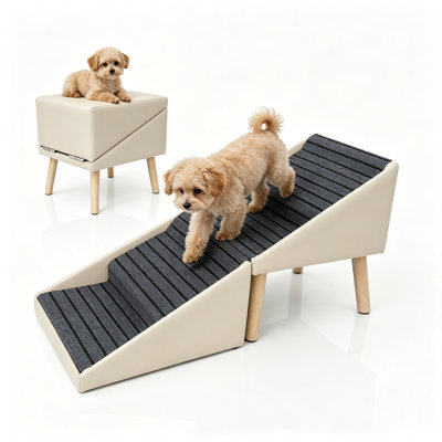 Rampe pliable 2 en 1 pour chien, 95,5 cm (L) x 40 cm (l) x 43 cm (H), en PVC et bois, monobloc, beige, 4 marches antidérapantes avec rangement intégré.