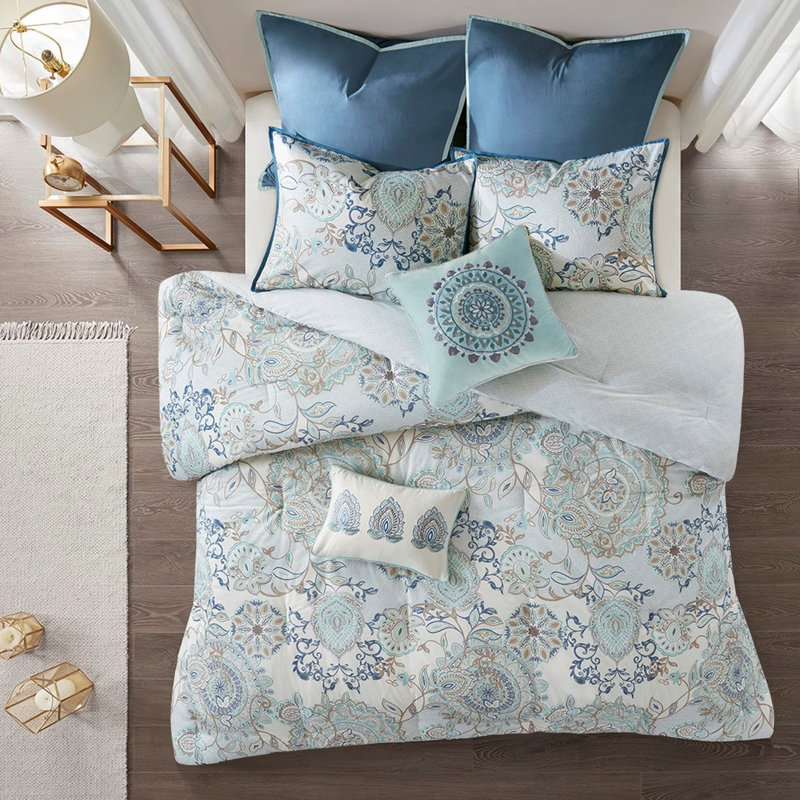 Édredon réversible 8 pièces en coton bleu roi - imprimé floral sur un côté, revers géométrique à deux tons, avec jupe de lit avec motif, bourre, taies décoratives et coussins décoratifs