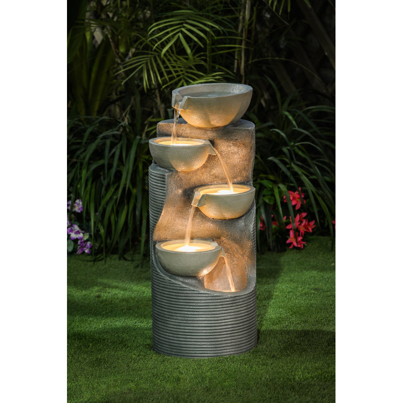 31.9'' H Modern Gray Hand Crafted Weather Resistant Outdoor Floor Fountain with Lights