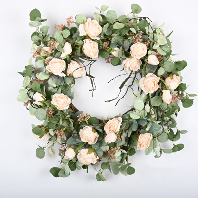 24" Faux Everyday Spring Eucalyptus Rose Front Door Wreath For Home Wedding Party Decor