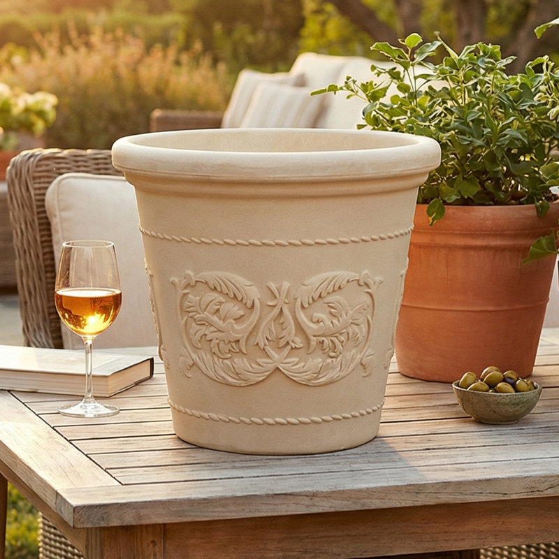 Arabella Polyresin Large Round Outdoor Planter - Antique White - 19.5", White