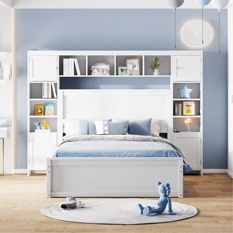Lit double en bois avec armoire tout-en-un, tablette et prises, lit gigogne simple, Blanc