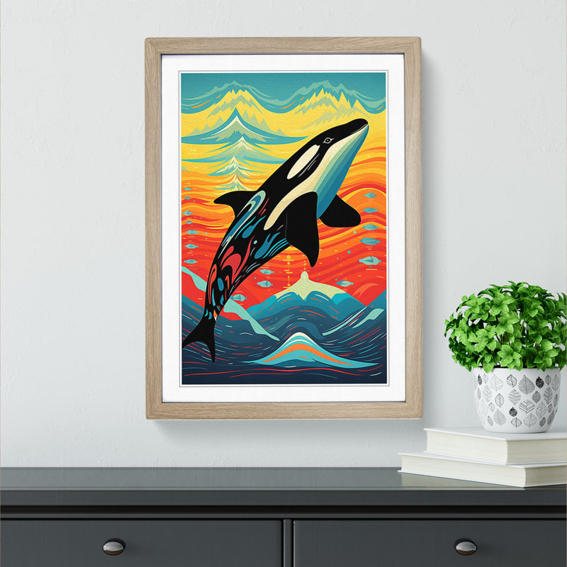 Orca Whale Op No.2 - Single Picture Frame Print on Wood, Oak Framed, 46cm H x 34cm W x 2cm D