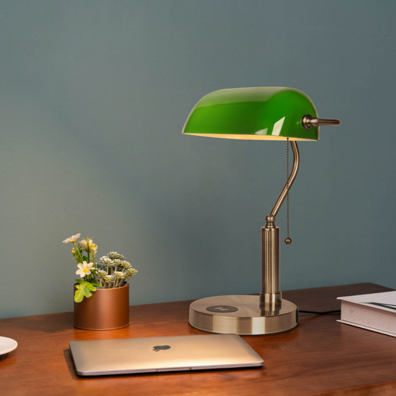 Lampe de bureau en verre avec chargeur sans fil, 2 ports de charge USB, lampe de bureau rétro avec interrupteur à chaîne, lampes de table rétro pour bureau personnel, piano, bibliothèque (ampoule incluse)