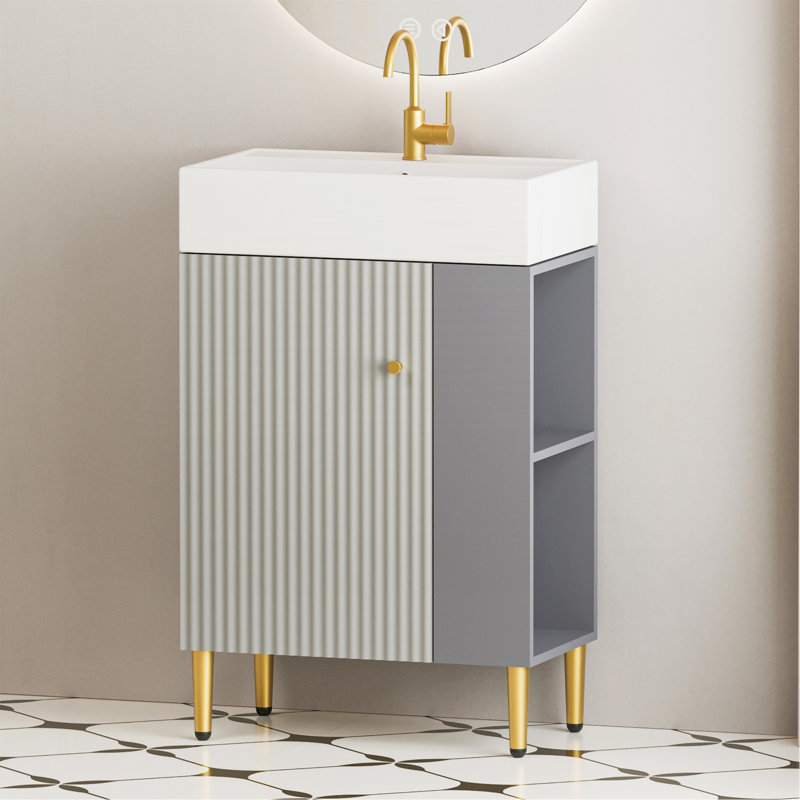 Meuble-lavabo de 21,6 po avec lavabo en céramique et porte à fermeture en douceur, armoire de rangement pour vestiaire sur le côté droit, assemblage requis, finition grise.