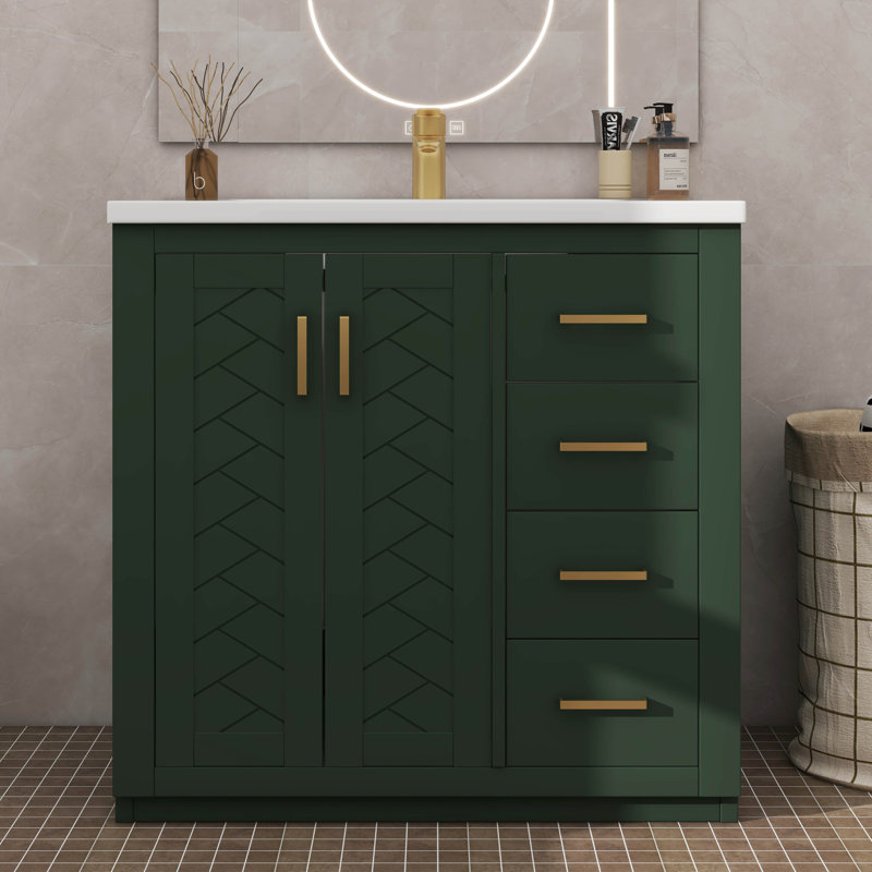 Ensemble de meuble-lavabo 36 po avec lavabo en céramique 36 po, ensemble de meuble-lavabo autonome équipé de 3 tiroirs, Vert