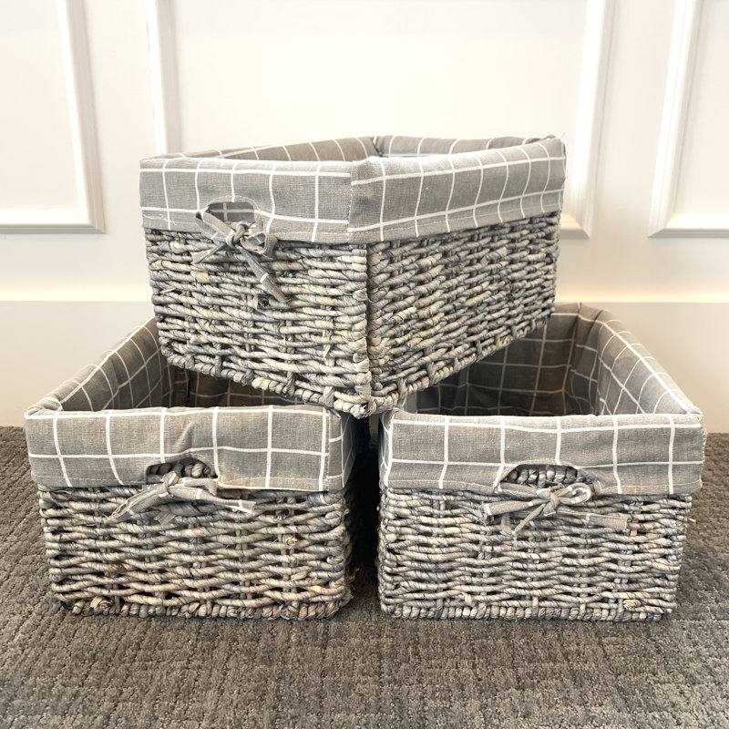 Panier de rangement rectangulaire en maïs tissé à la main - ensemble de 3 - doublure à carreaux crème, Brun clair