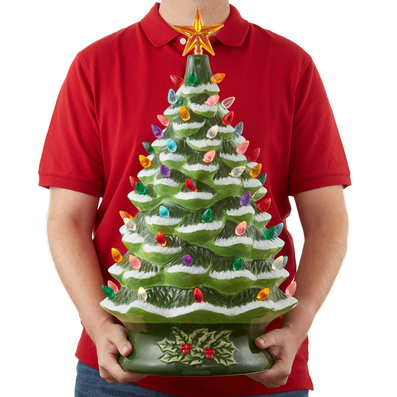 24" Hand Painted Ceramic Christmas Tree, Pre-Lit Tree with Star, White/Green