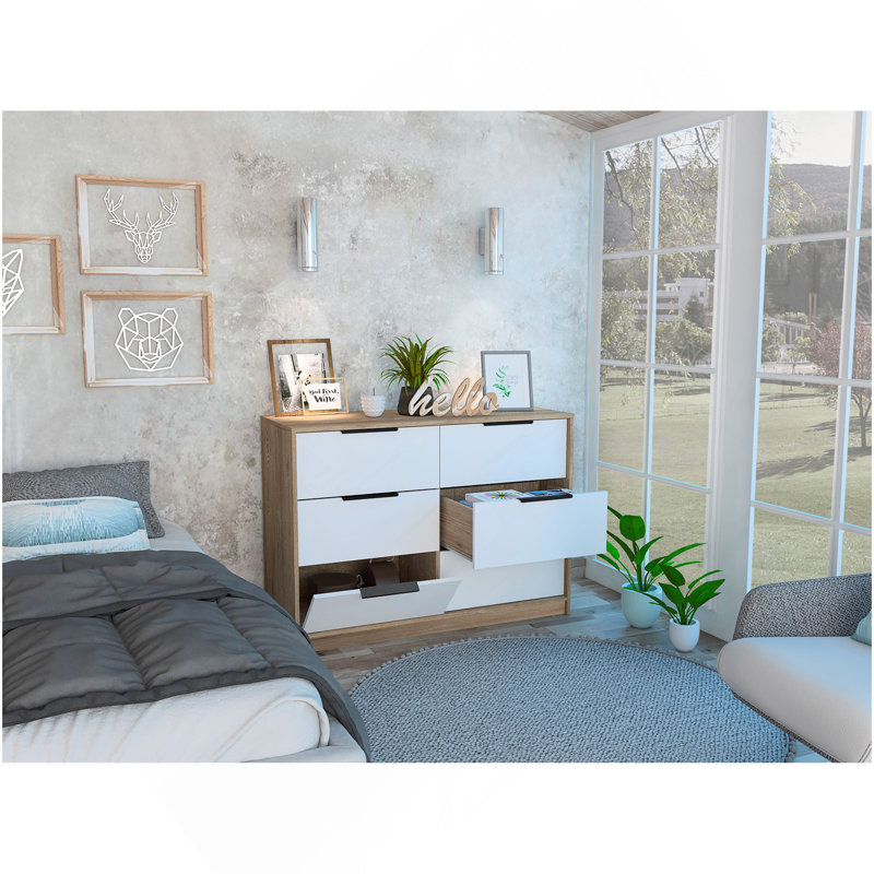 Commode double 4 tiroirs Maryland, chambre, pin / blanc