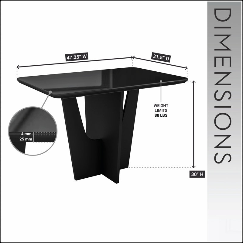 Table de salle à manger compacte à 4 places avec plateau en verre peint et base en bois, Noir