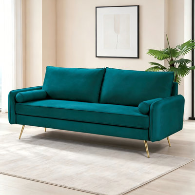 Canapé Mid-Century en velours, canapé rembourré clouté avec pieds en métal doré, grand canapé moderne pour le salon