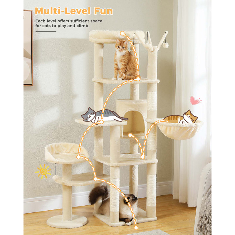 Beige Multi-Level Cat Tree Tower with Hammock and Scratching Posts