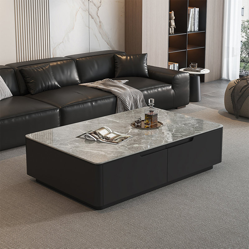 Modern rectangular stone slab coffee table, 16.9" H x 55.1" L x 27.6" W, Gray