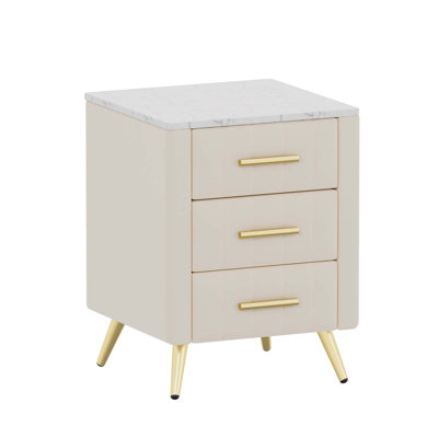 Upholstered Wooden Nightstand with 3 Drawers and Metal Legs&Handles, Bedside Table with Marbling Stickers Worktop