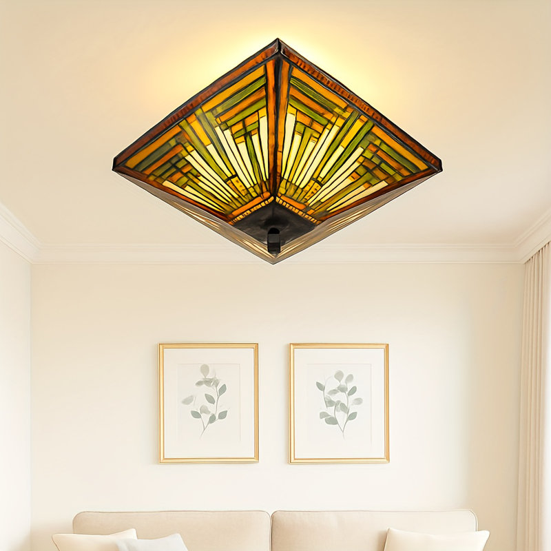 14" Retro Painted Tiffany Style Square Half Ceiling Lamp Colored Glass Lampshade Double Head Design Includes Bulb