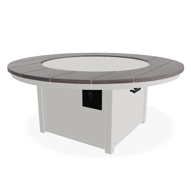 Table de feu 54 po ronde en polymère rustique avec tablette au propane, Neige / Promenade