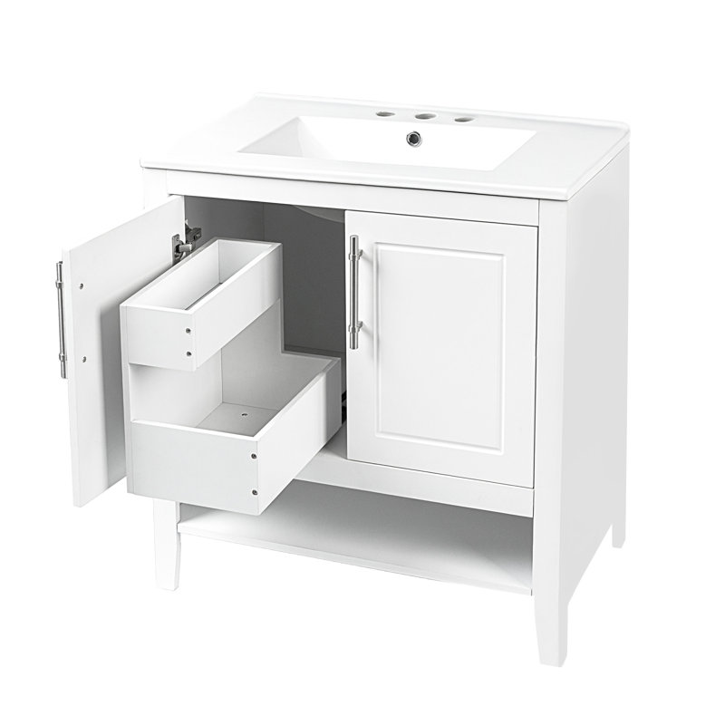 Lavabo de meuble-lavabo de 30 po, armoire blanche avec portes et tiroirs, lavabo en céramique et articles autoportants en céramique