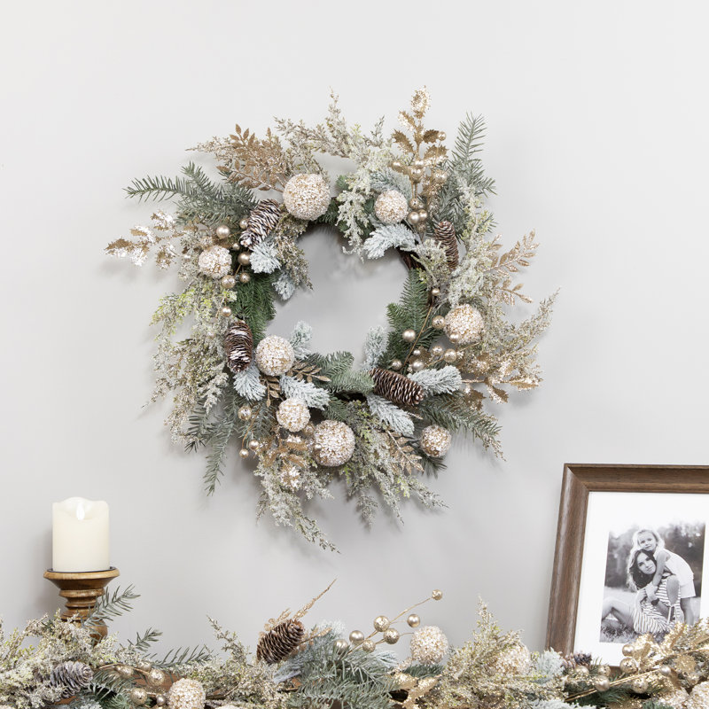Glittered Mixed Foliage With Ornaments Artificial Christmas Wreath - 24" - Unlit