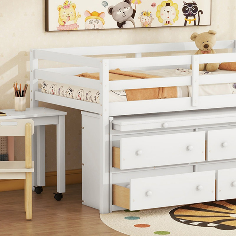 Lit mezzanine simple en bois avec bureau d'écriture rétractable, 4 tiroirs et tablettes latérales pour une efficacité accrue