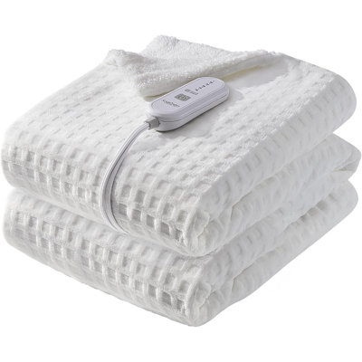 Heated Throw Electric Blanket, Waffle Heating Throws with ETL Certified & Machine Washable, Soft Flannel & Sherpa Heat Throws for Couch, 5 Heating Levels & 4 Hours Auto Off