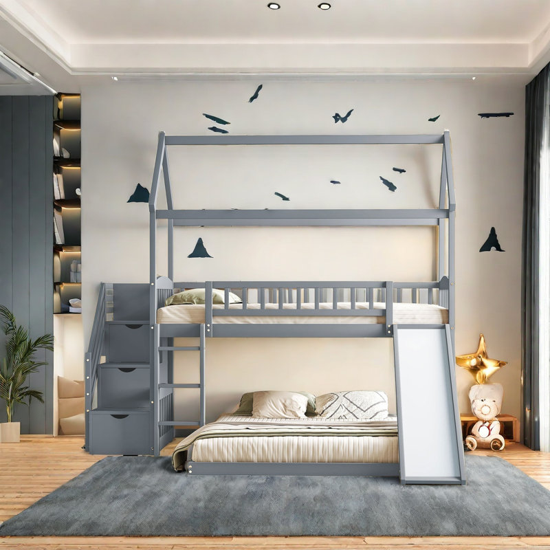 Twin Over Full Bunk Bed With Slide and Storage Stairs, Gray