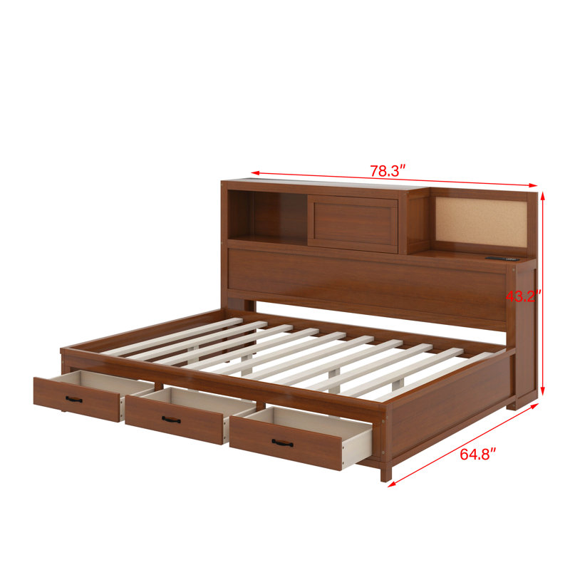 Lit de jour double en bois avec 3 tiroirs de rangement, tablette souple supérieure, tablette et ports USB, Noyer