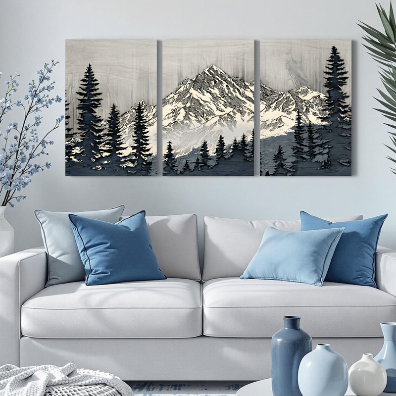 Ensemble de 3 tableaux sur toile représentant un paysage de montagne avec des pins et des sommets enneigés.