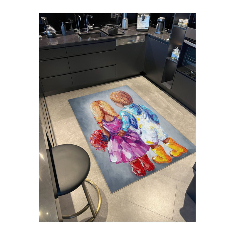 Double Small Cute Boy and Girl Pattern Woven Base Washable Area Rug, Rectangle 3'3" x 4'11"
