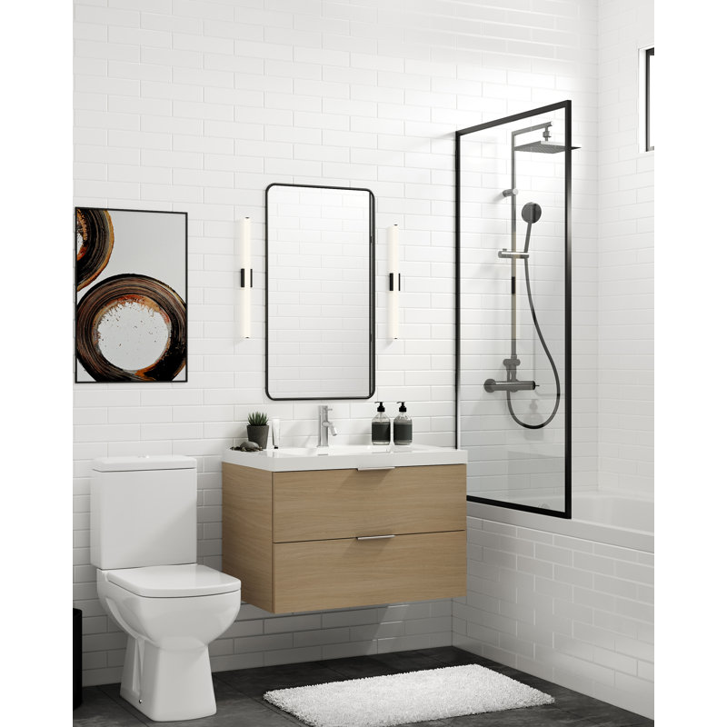 Avila 30" W Wall Mounted Single Bathroom Vanity, Matte White/8" Widespread, Nocino, Satin Brass