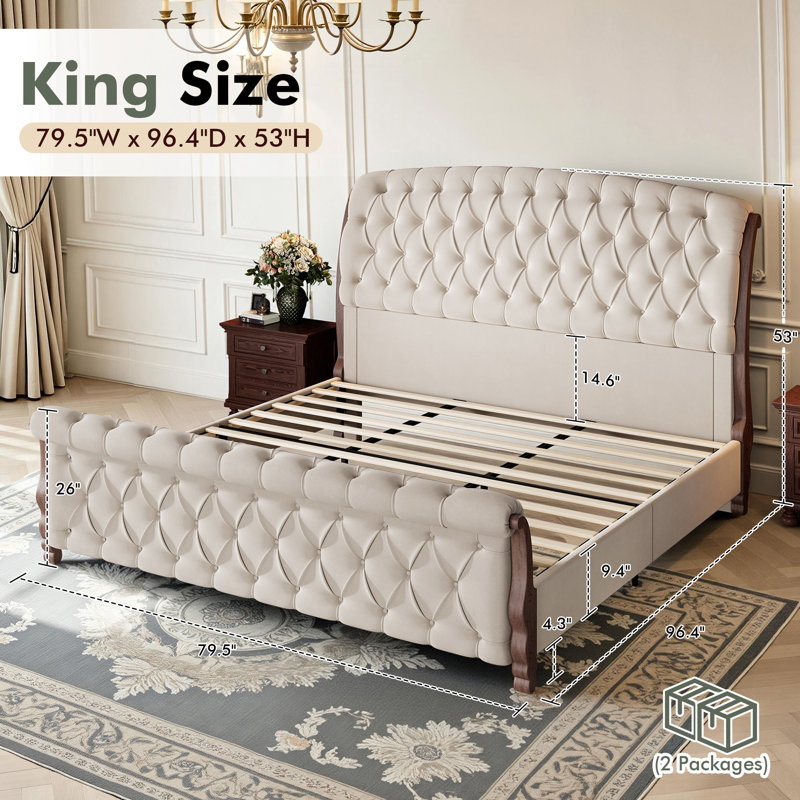 Dulane King Size Tufted Upholstered Sleigh Bed, Modern Chenille Platform Bed Frame, No Box Spring Required, cream, King