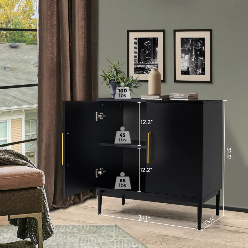 Black Modern Storage Cabinet with Metal Base and Doors