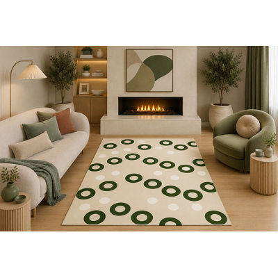 Tapis à motif de cercles géométriques modernes à motif de cercles minimalistes vert foncé de 5 pi x 7 pi «Ultra Léger» pour le salon, la chambre, la salle à manger et le revers en silicone antidérapant