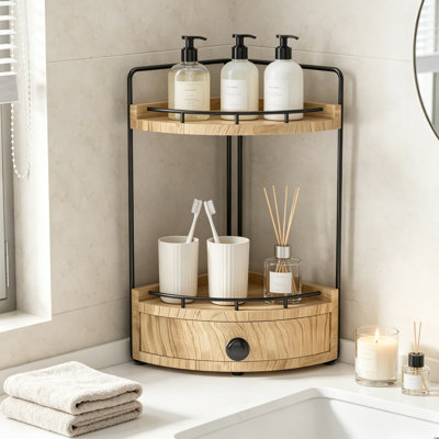 Organisateur de coin de salle de bain à 2 niveaux avec tiroir, tablette de meuble-lavabo en bois pour le rangement de maquillage et de soins de la peau, tablette de comptoir peu encombrante avec trous de vis de stabilisation