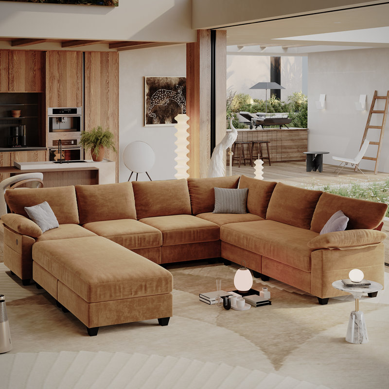Canapé d'angle convertible en lit modulable de 305 cm (120 po) en chenille, forme L ou U, avec pouf, assise profonde et lit d'appoint.