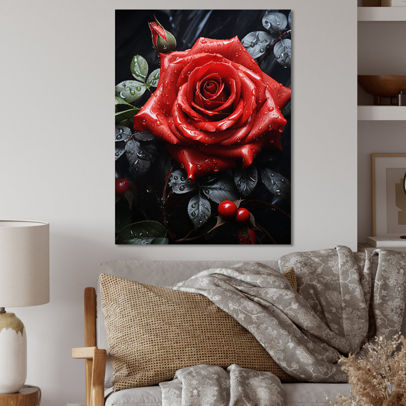 Beauté rouge éternelle II - impressions florales en métal sur métal, H 40 po x l 30 po x P 1 po