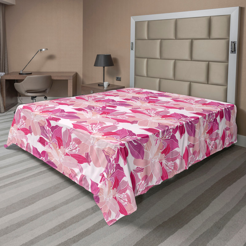 Drap plat Ambesonne à motif floral fleurs de lis rose foncé et brun pâle, Drap plat très grand californien