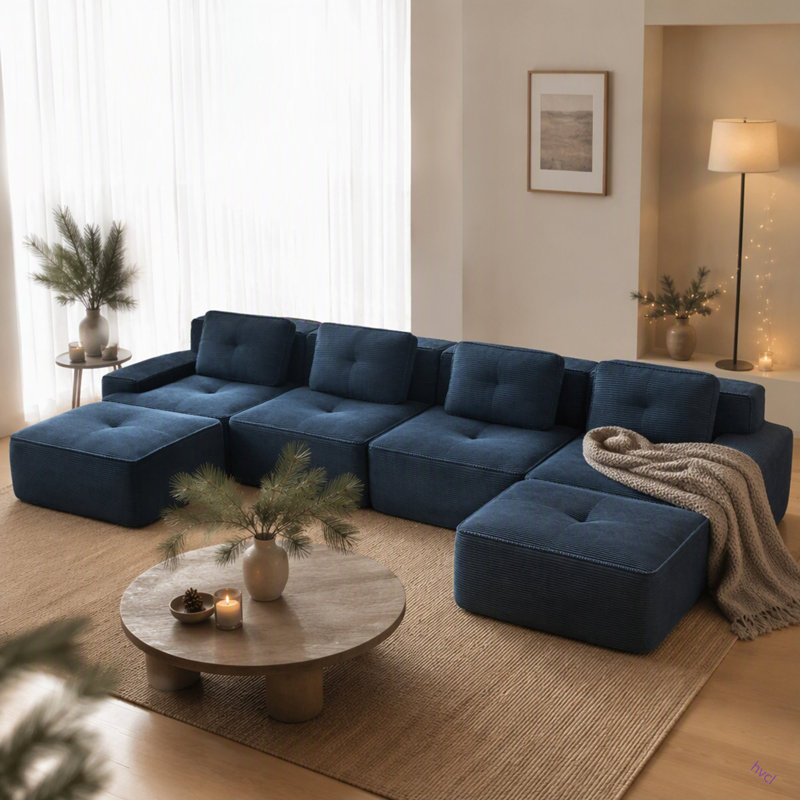 153" Modern U-Shaped Modular Sectional Sofa For Living Room, Corduroy Fabric,4-Seater Couch With Deep Seat And 2-Movable Ottoman,Pearl-Like Piping, Tufted Design, No Assembly, Anti-Slip Design​