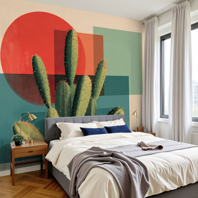 Peel and Stick Wallpaper 144" W x 100" H Modern Self Adhesive Wall Mural for Bedroom Abstract Cactus Geometric Red Sun