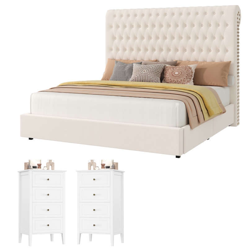 Ensemble de chambre à coucher 3 pièces, lit de rangement avec tête de lit en flanelle capitonnée, 2 tables de chevet avec 4 tiroirs