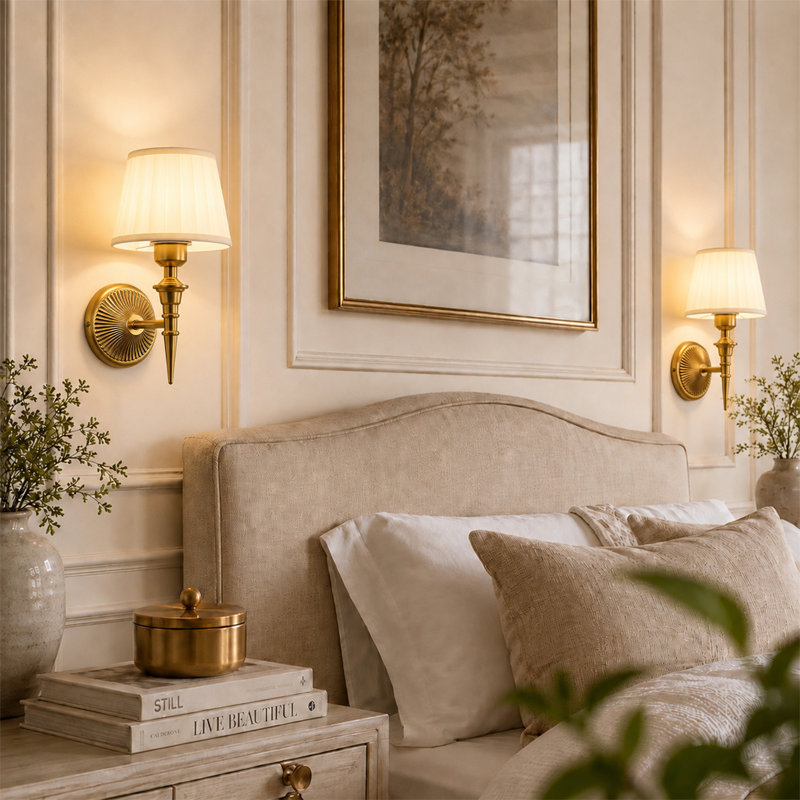 Alcester 12''(H) Traditional Wall Sconce Light Lamps With Embossed Metal Backplate & Pleated Fabric Shade