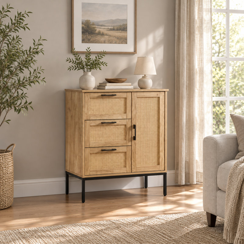27.6" Natural Accent Cabinet with 3 Drawers, Rattan Door and Adjustable Shelves