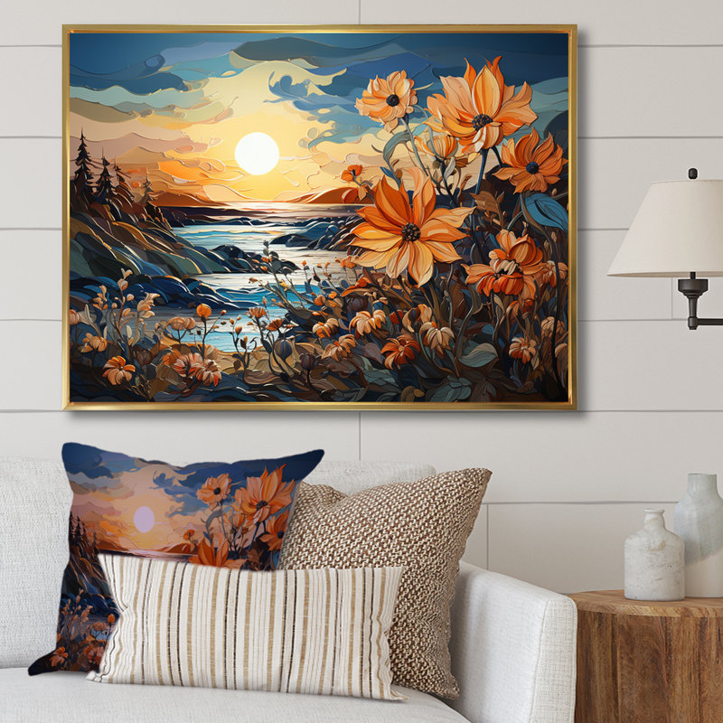 Tournesols, art liquide, champ de fleurs sur toile, Cadre flottant doré, H 12 po x l 20 po x P 1 po