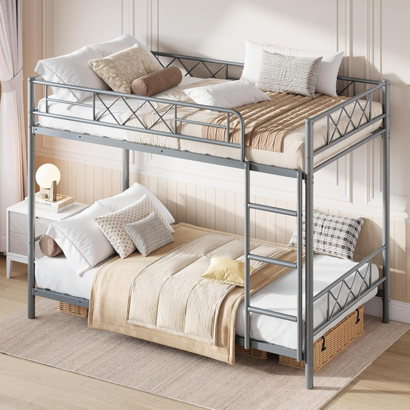 Twin Over Twin Metal Bunk Bed with High Guardrail, Heavy Duty Steel Frame, Space Saving, Gray, Gray