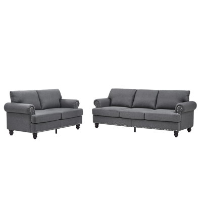 Canapé de salon moderne en polyester 2 + 3 places - canapé de salon avec accoudoirs ronds et garniture cloutée argentée (gris)