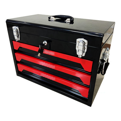Portable 20'' 3 Steel Toolbox With Tools, Black&Red, Robust And Design, Metal , Top Storage Tray, Carry Handle For Garage, Home, Workbench Tool Kit, Construction Quality, Work Spot