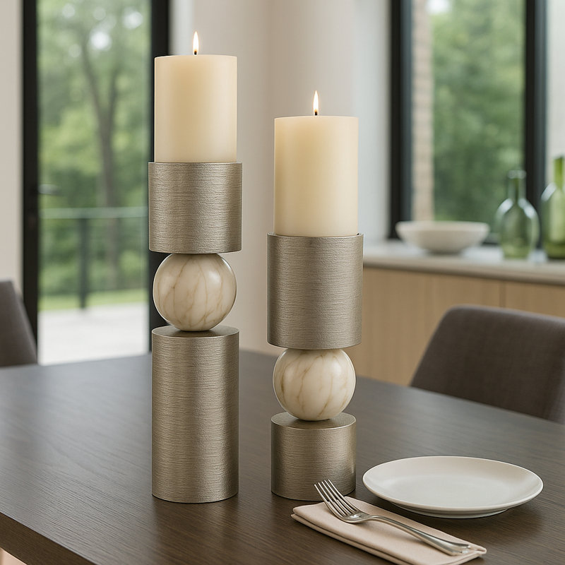 Modern Candle Holder With Glossy Stone - Decorative Candle Holders With Marble Sphere - Tabletop Or Floor Accent For Living Room - Set Of 2, 17", Gold