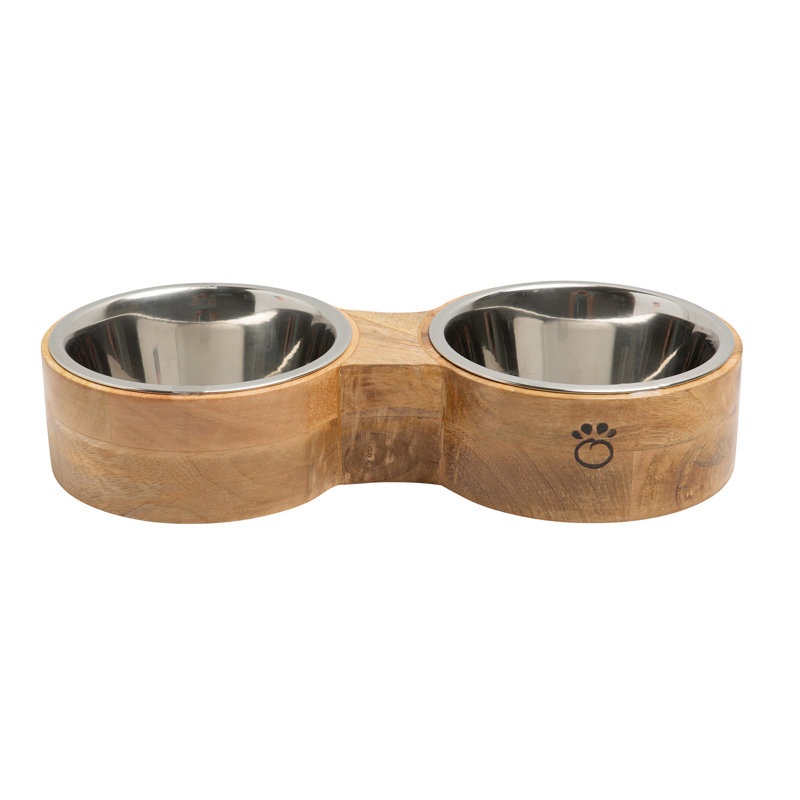 Small Mango Wood Elevated Double Pet Feeder with Stainless Steel Bowls