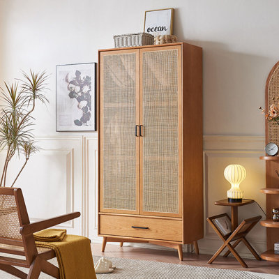 Armoire de rangement en rotin à deux portes avec tiroirs